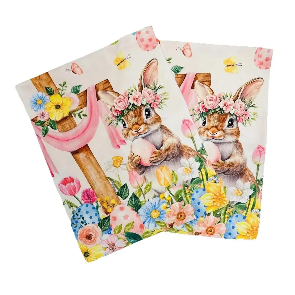 Easter Bunny Rabbit & Cross Hand Towels 2 Pcs Spring Flowers 13.7x 28.7 Inch NEW